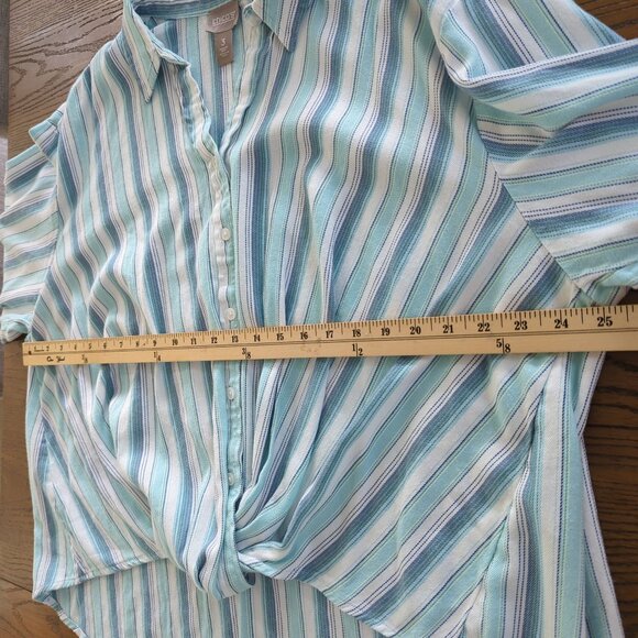 Chico's Striped blue white blouse sz 3 sz 16 with Twist front design Tab Sleeves - Picture 12 of 14